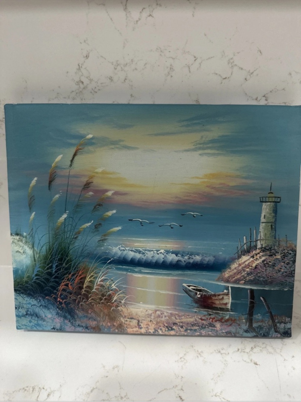 Vintage Seaside Painting With Lighthouse 8” X 10” Signed